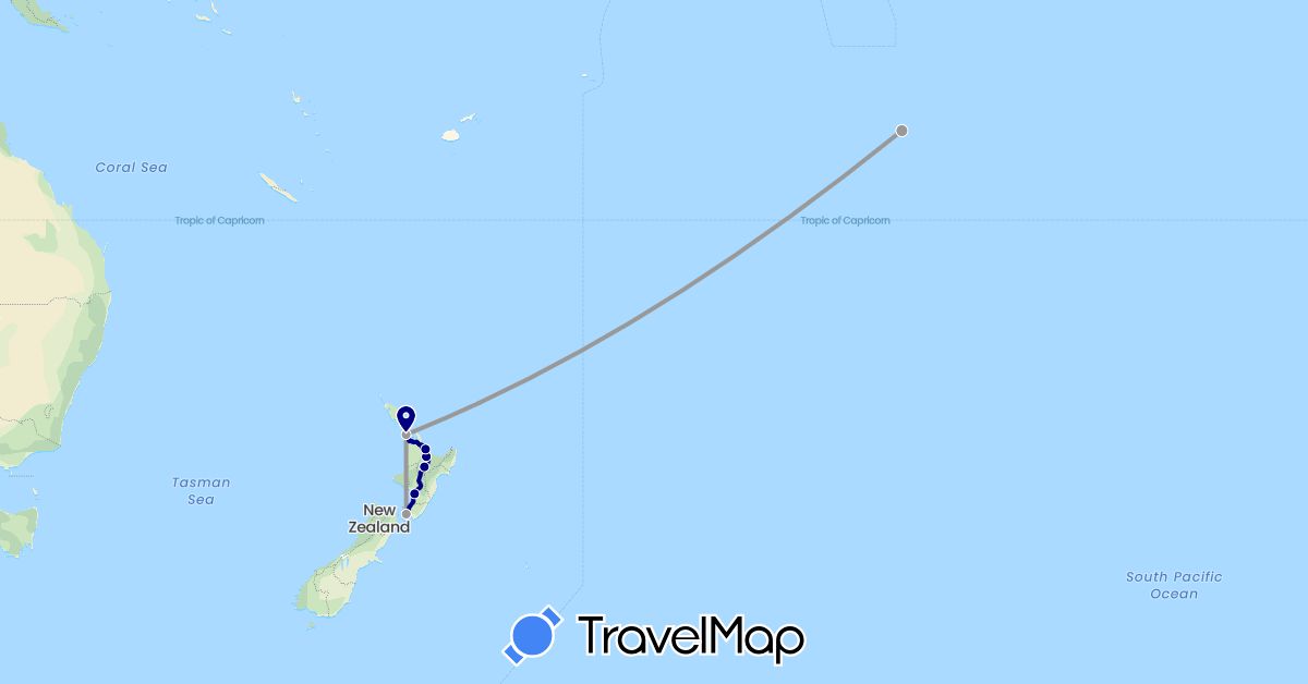 TravelMap itinerary: driving, plane in New Zealand, French Polynesia (Oceania)